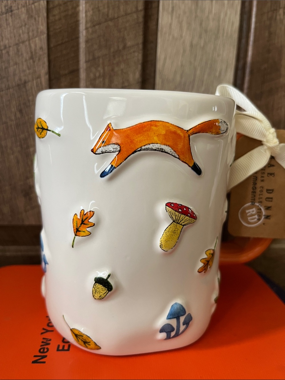 Rae Dunn Woodland Autumn Mug Ceramic Blue Squirrel Mushrooms Fall Leaves Orange